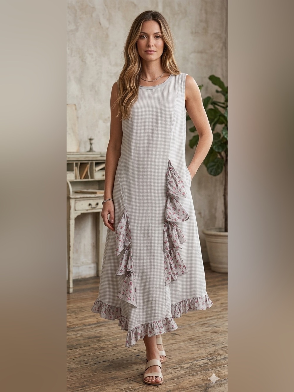 Talia Benson Linen Sleeveless Dress with Ruffles